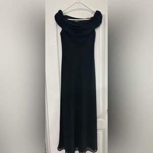 black long evening dress with rushed sleeves